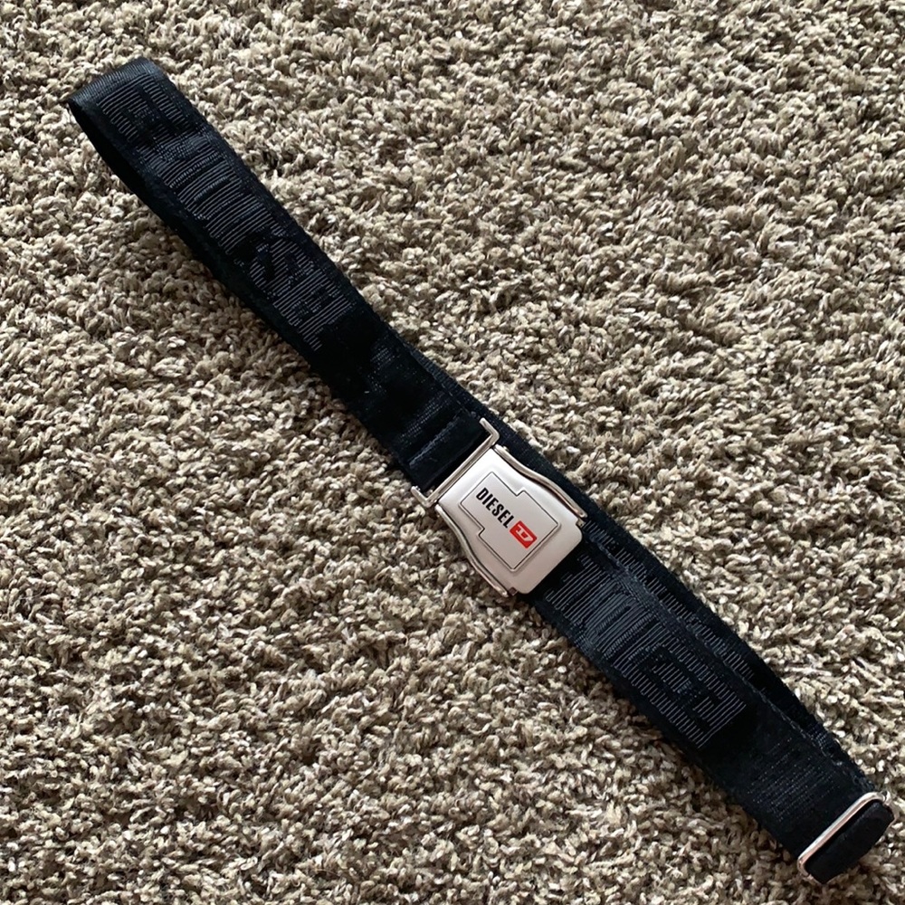 Diesel Black Webbing Belt with Silver Buckle and Red Logo